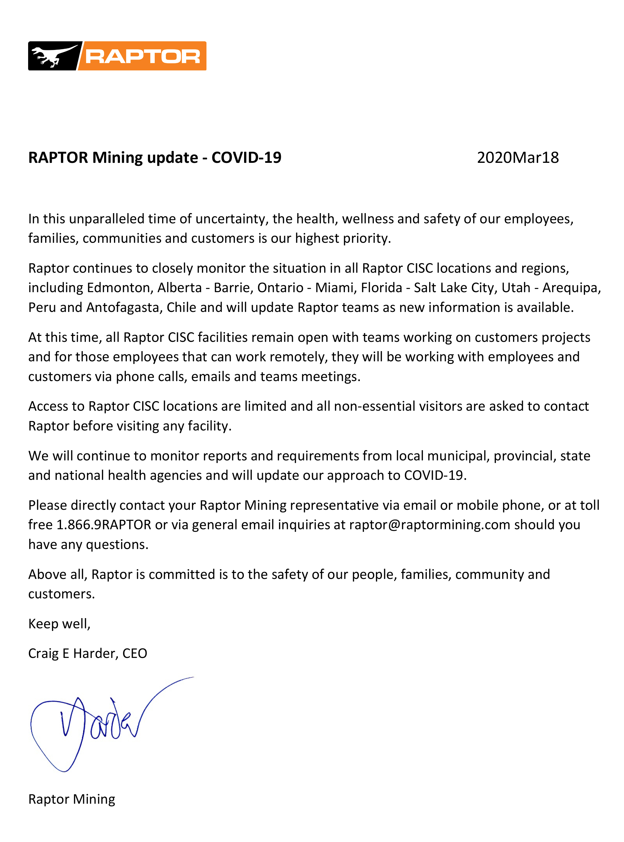 <p>Raptor Mining - Covid 19 Update</p>